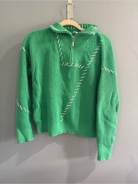 Society Green Half-Zip Knit Sweater with White Stitch Detail
